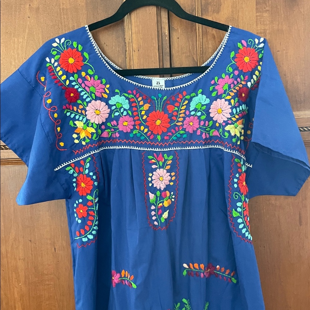 Embroidered Blue Dress, Mexican Folk Dress, sz 12-14 - Picture 2 of 4